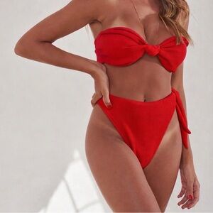 Red Textured Brazilian Bikini Set